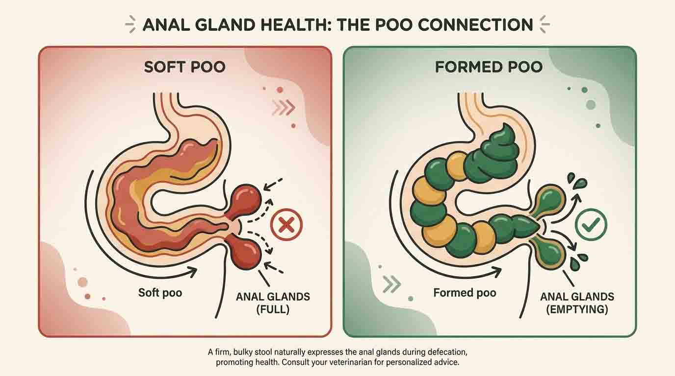 Soft poo leaves glands full; firm formed poo presses glands to empty naturally