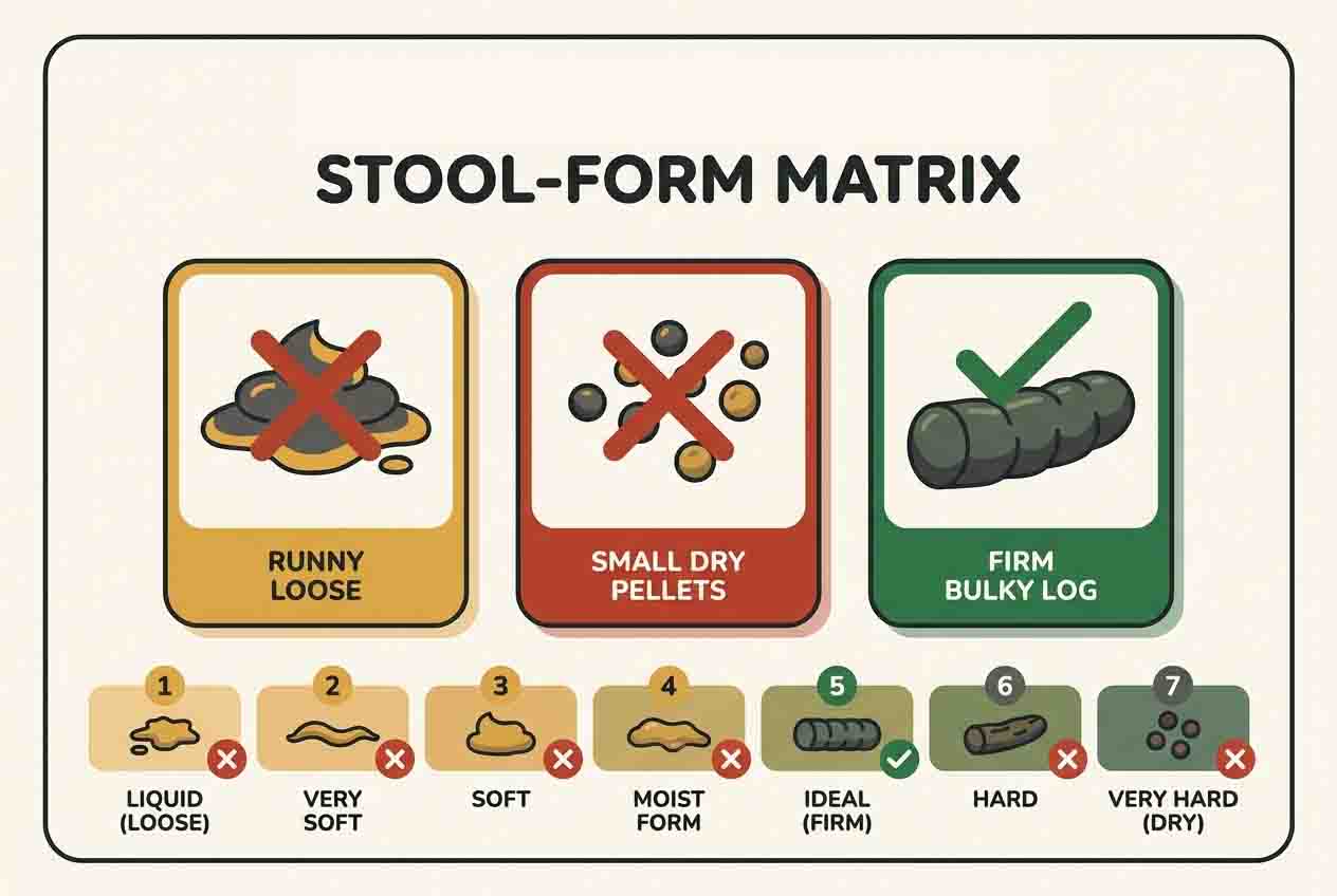 Stool-form chart: runny and pellet stools marked with a cross, firm bulky stool with a tick