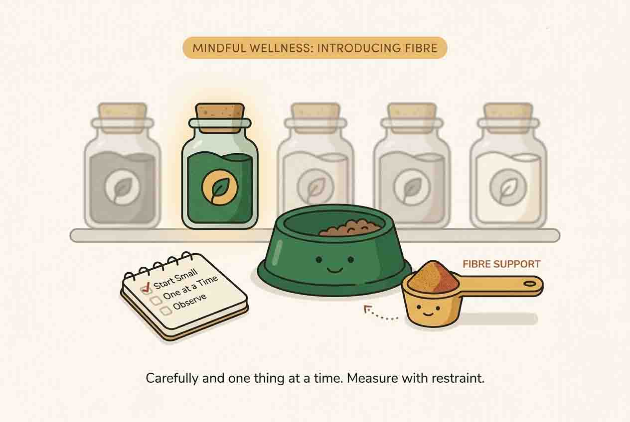 One measuring scoop of fibre and a single highlighted jar — introduce support one thing at a time