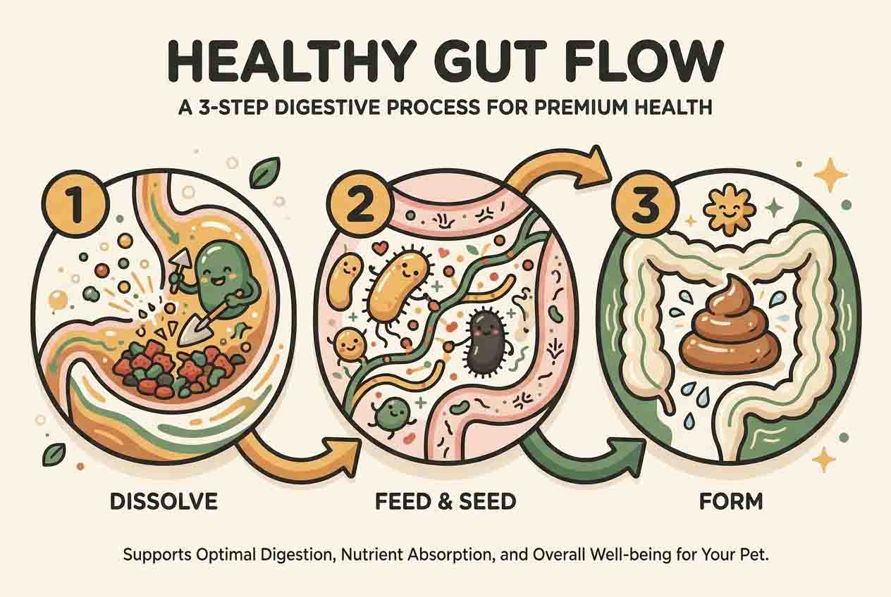 Three-step gut flow: dissolve, feed and seed, form the stool