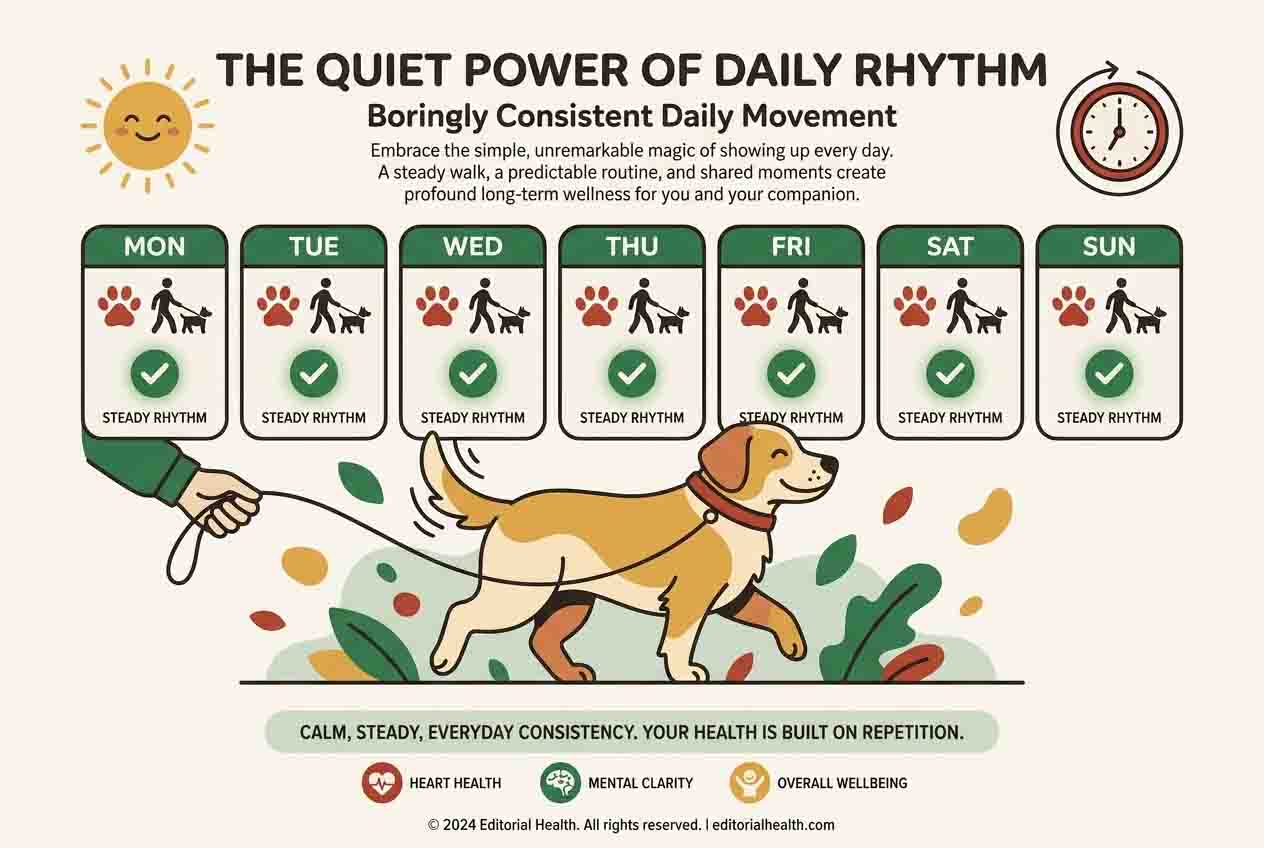 A dog walking with a steady 7-day routine of green ticks above