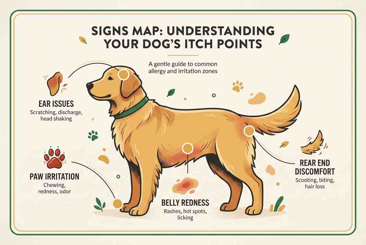 Dog signs map pointing to itch zones: ears, paws, belly and rear