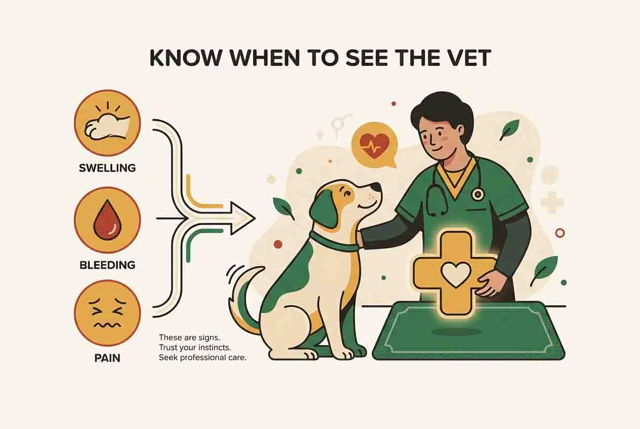 Reassuring vet with a calm dog and a short list of warning signs