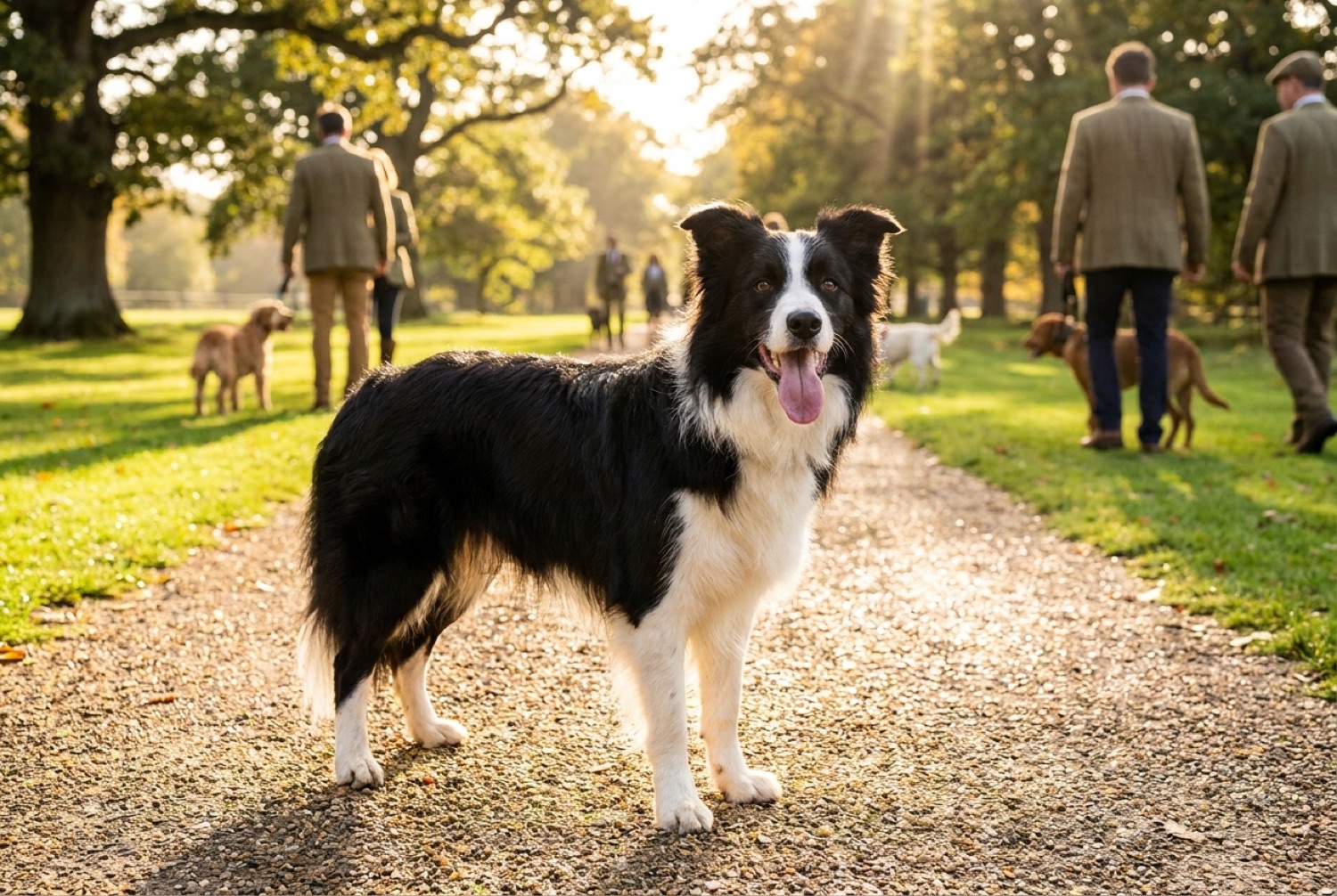 A happy, healthy Border Collie with a glossy coat out on a walk while people admire her