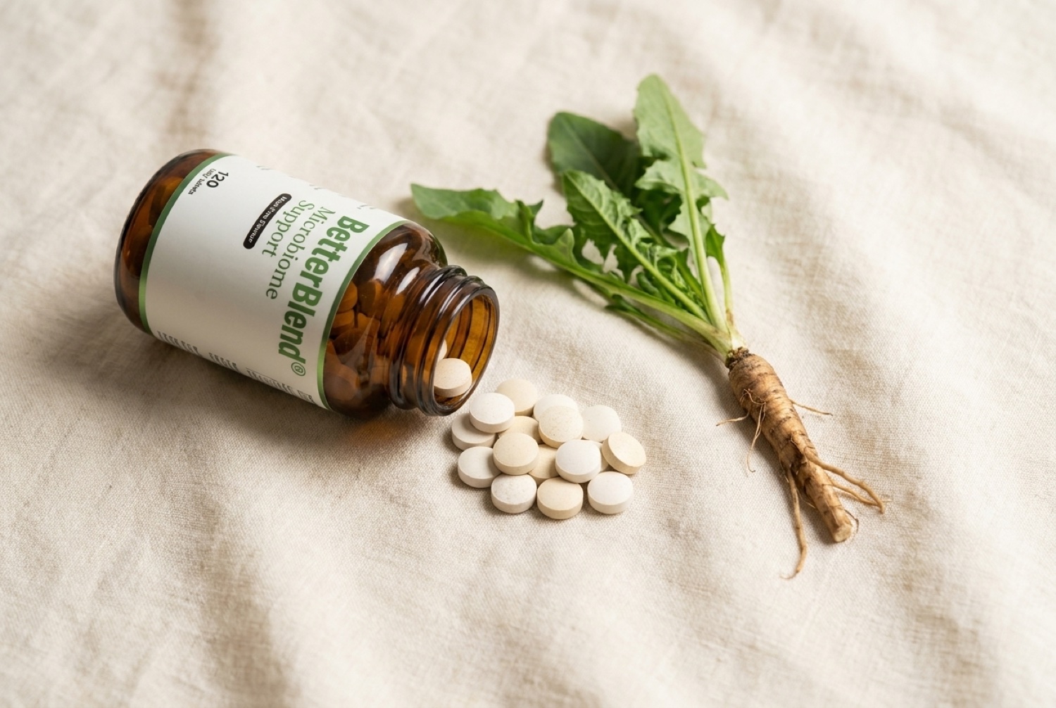 The BetterBlend Microbiome Support bottle with tablets spilling out beside chicory root
