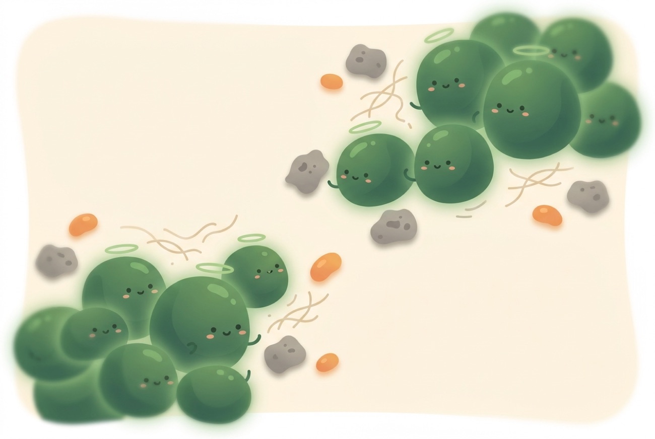 Illustration of good probiotic bacteria multiplying and crowding out harmful microbes