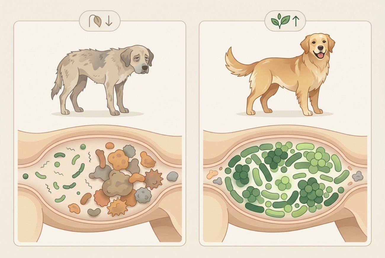 Split illustration comparing an out-of-balance gut microbiome with a balanced one