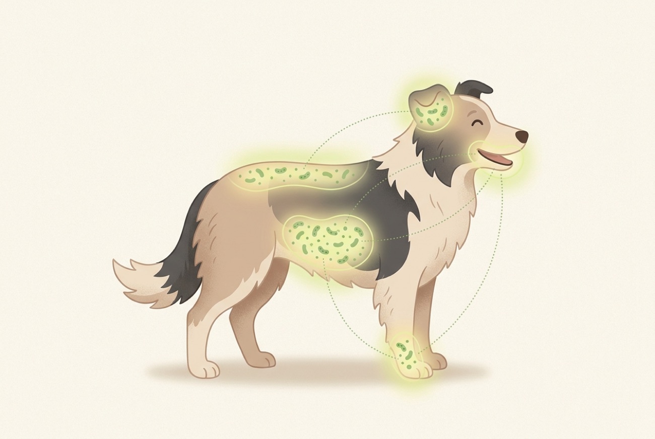 A dog with the microbiome highlighted across the ears, skin, coat, paws, mouth and gut, all connected as one system