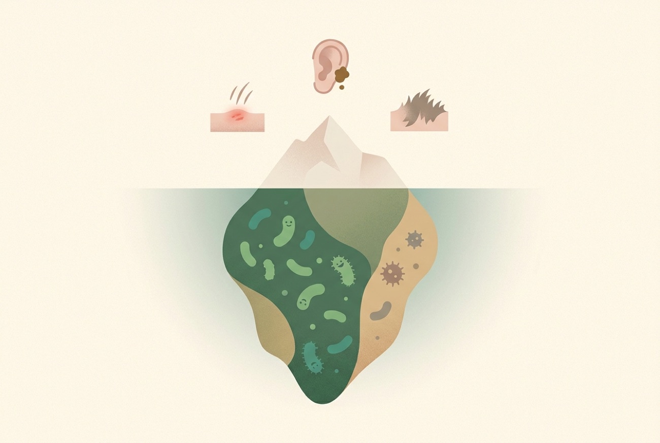 Diagram: a dog's visible skin and coat problems are the tip of the iceberg; the gut microbiome is the hidden root cause
