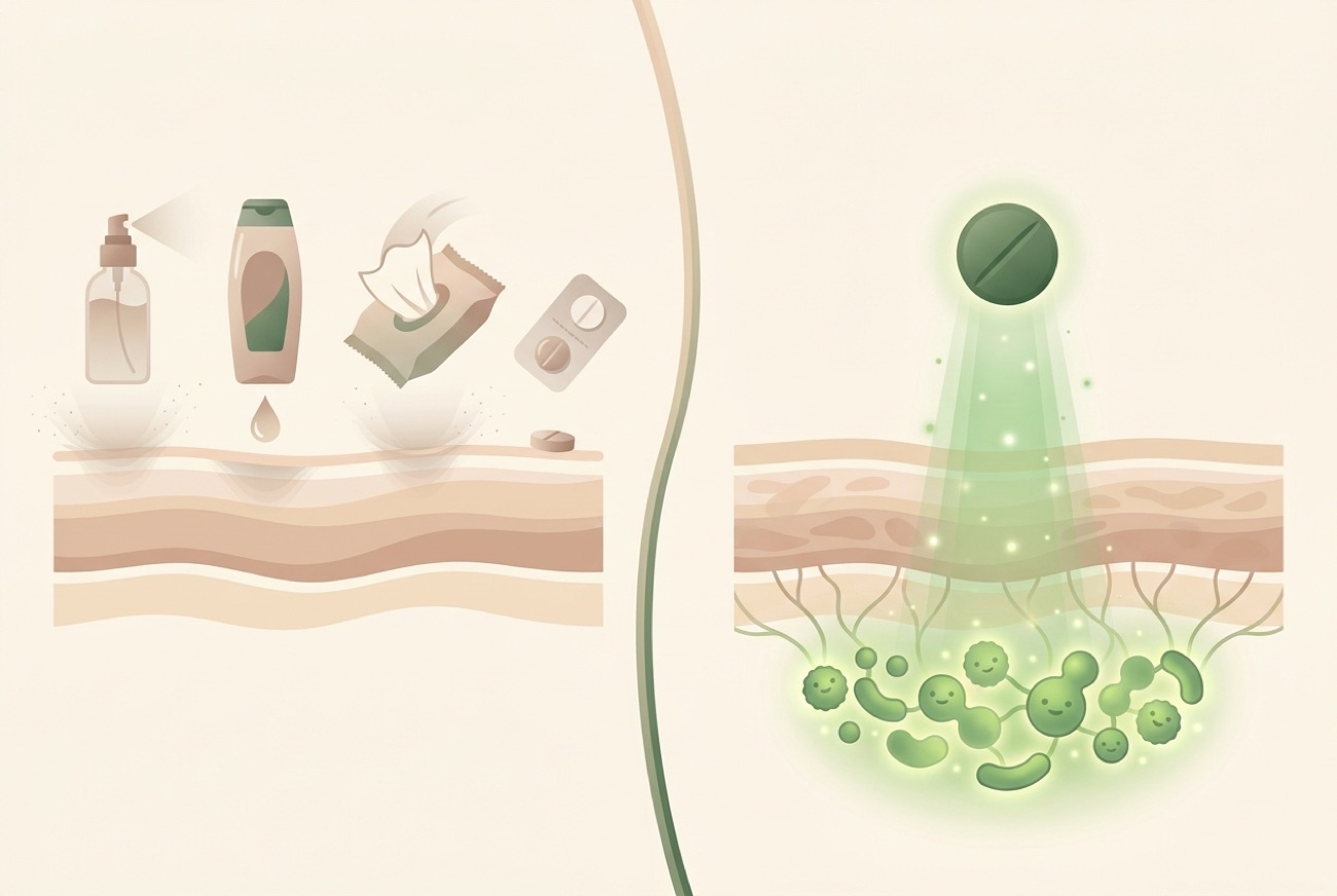 Comparison: sprays, shampoos, wipes and pills sit on the surface and fade, while a daily tablet reaches the microbiome at the root