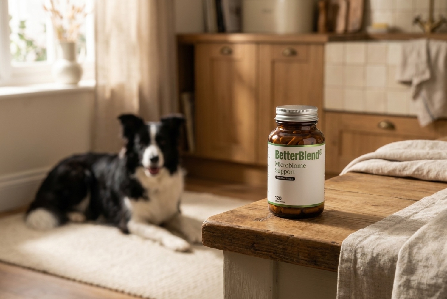 BetterBlend Microbiome Support in a warm home with a happy, healthy Border Collie