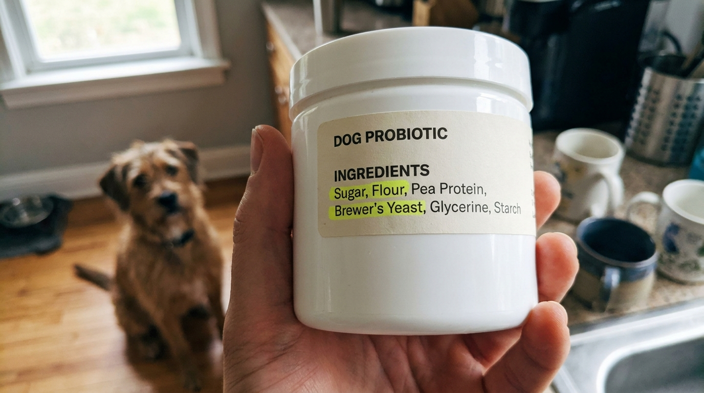 Reading the ingredients on the back of a dog probiotic tub